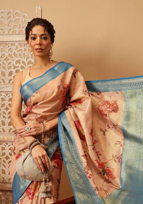Peach Printed Tissue Silk Saree