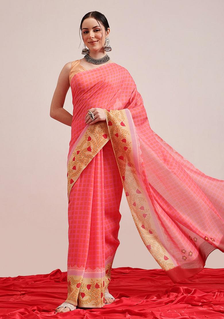 Pink Printed Mul Cotton Saree