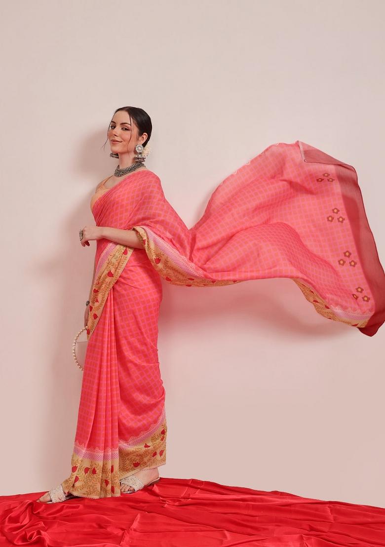 Pink Printed Mul Cotton Saree