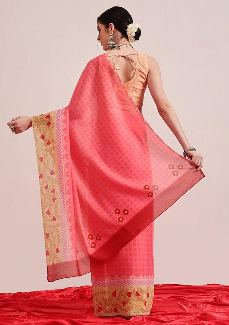 Pink Printed Mul Cotton Saree