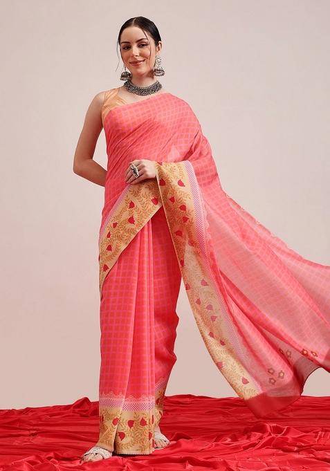 Pink Printed Mul Cotton Saree
