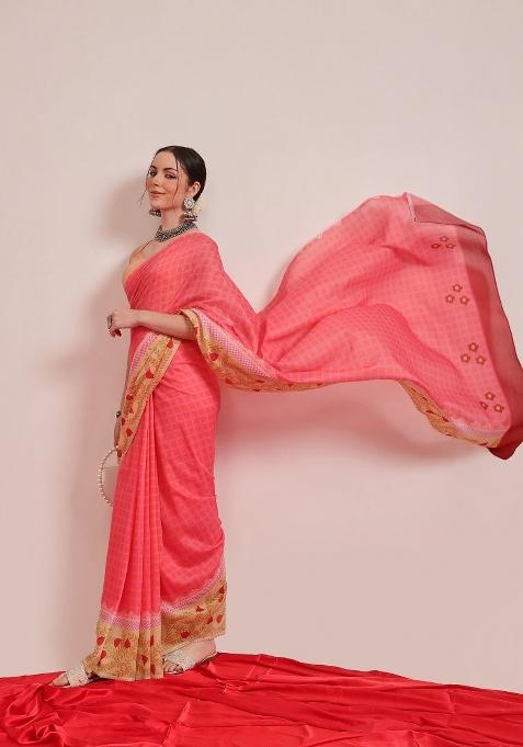 Pink Printed Mul Cotton Saree