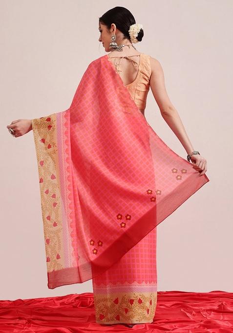 Pink Printed Mul Cotton Saree