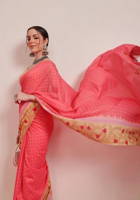 Pink Printed Mul Cotton Saree