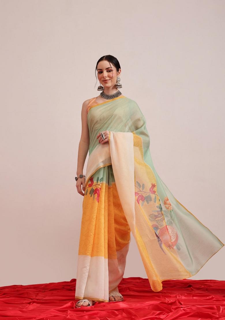 Yellow Printed Cotton Blend Saree