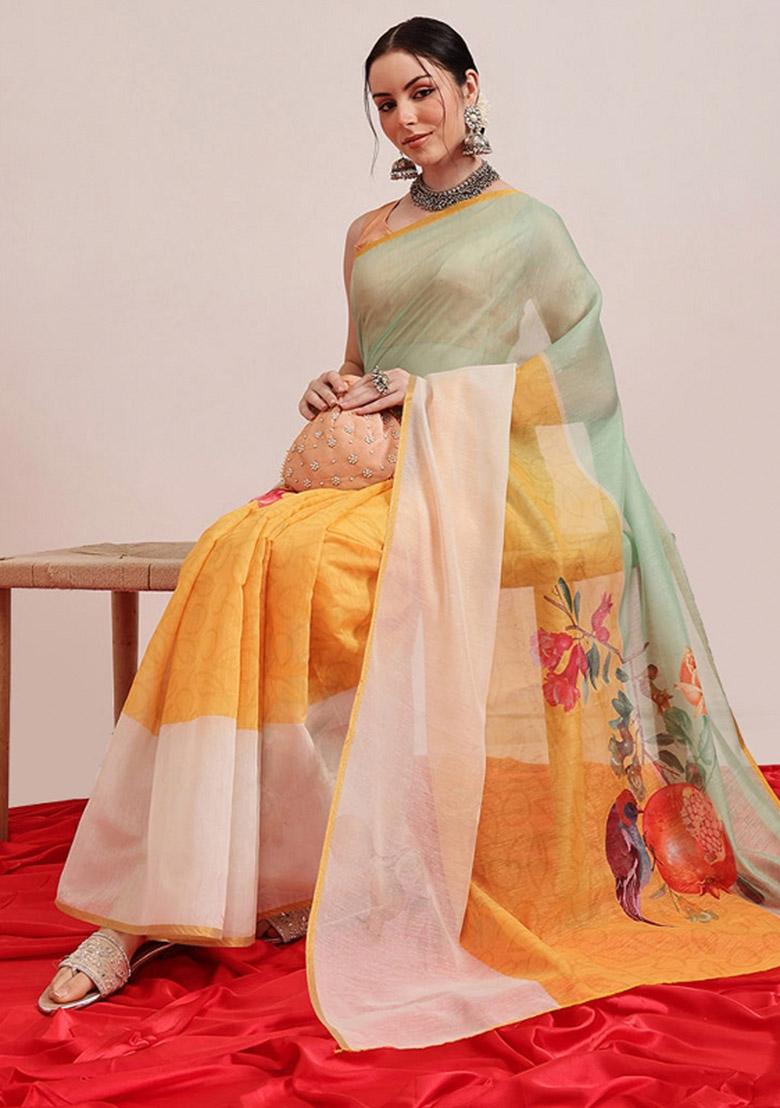 Yellow Printed Cotton Blend Saree