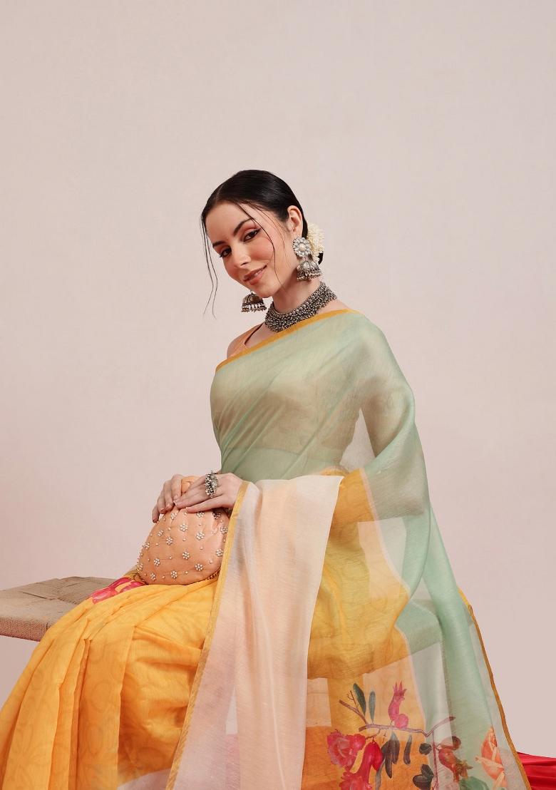 Yellow Printed Cotton Blend Saree