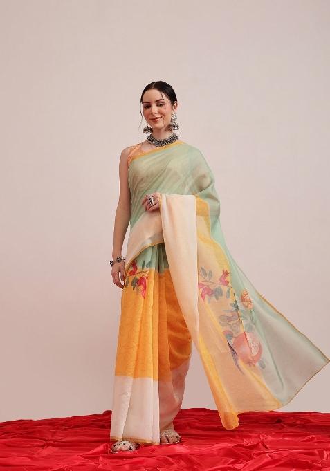 Yellow Printed Cotton Blend Saree