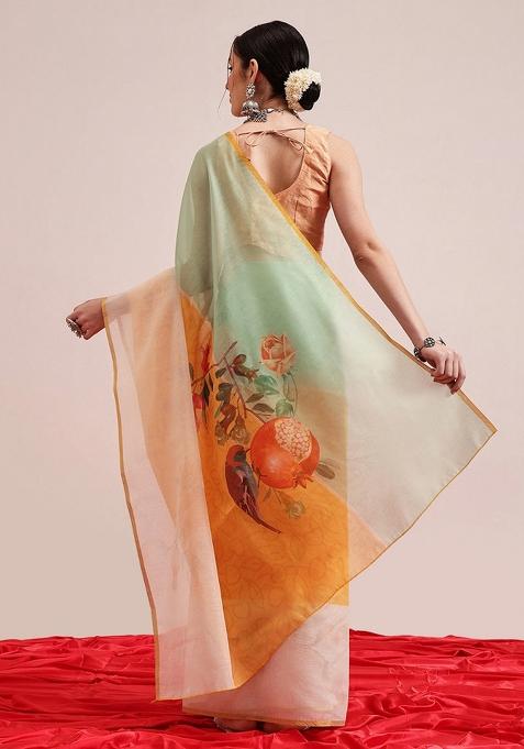 Yellow Printed Cotton Blend Saree