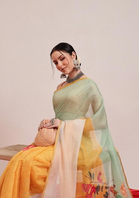 Yellow Printed Cotton Blend Saree
