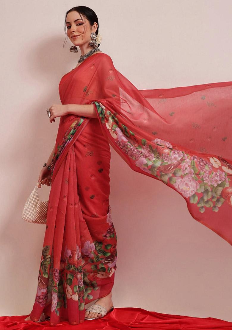 Red Printed Cotton Blend Saree
