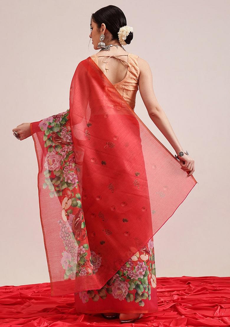 Red Printed Cotton Blend Saree