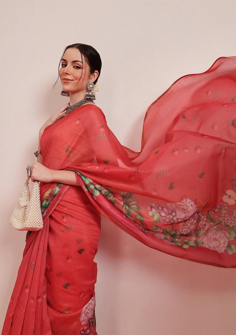 Red Printed Cotton Blend Saree