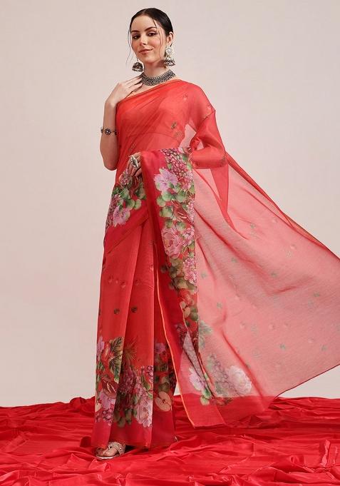 Red Printed Cotton Blend Saree