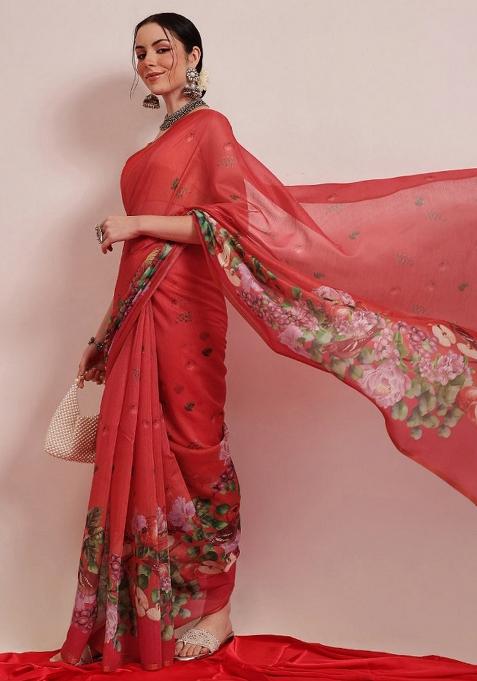 Red Printed Cotton Blend Saree