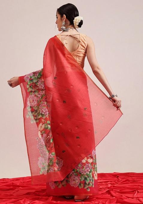 Red Printed Cotton Blend Saree