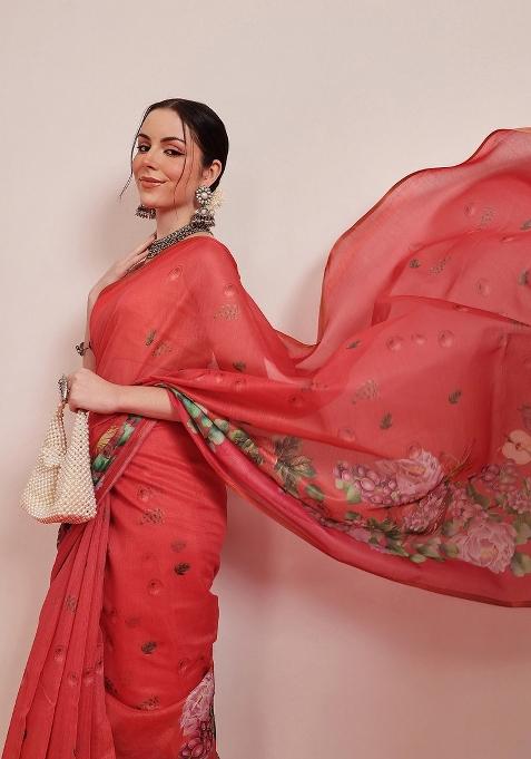 Red Printed Cotton Blend Saree