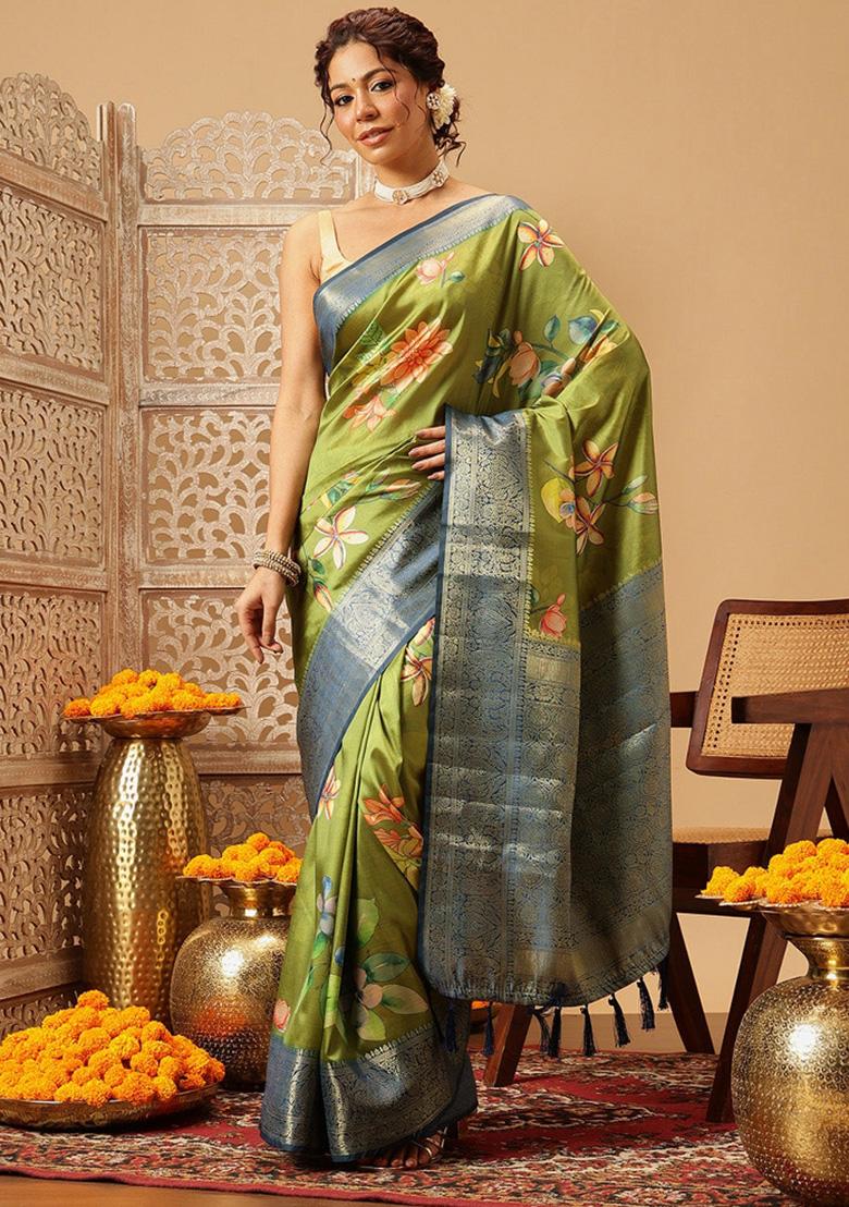 Green Printed Banarasi Silk Saree