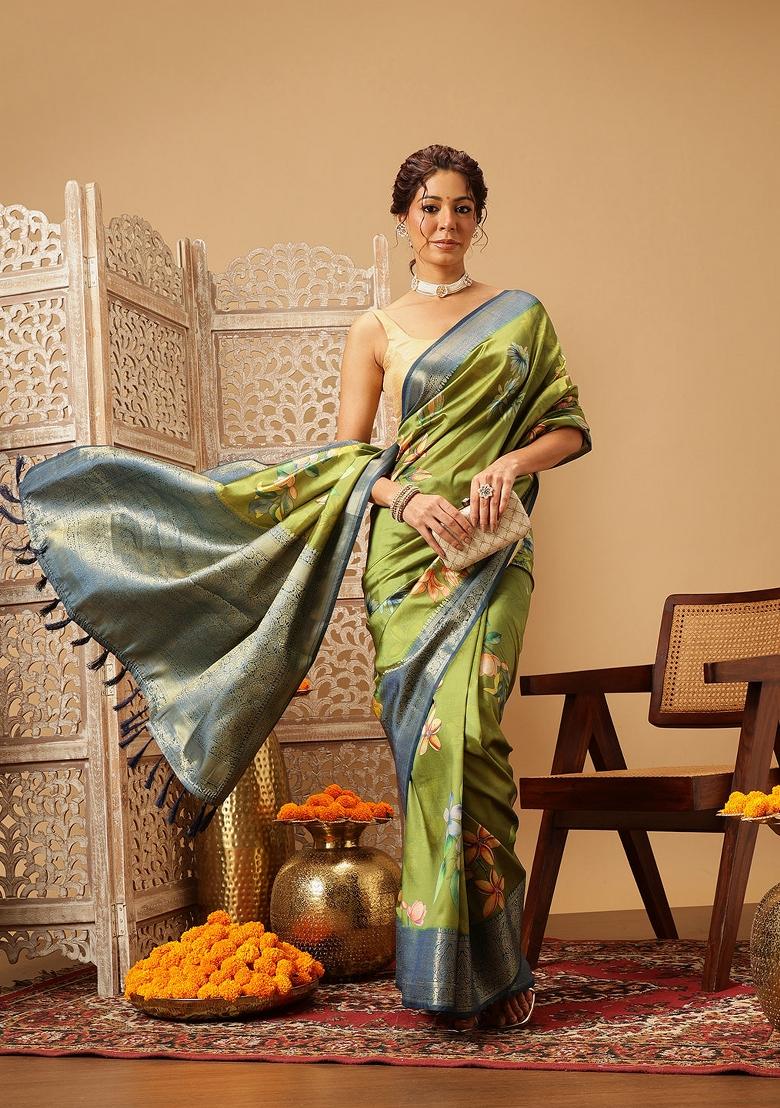Green Printed Banarasi Silk Saree