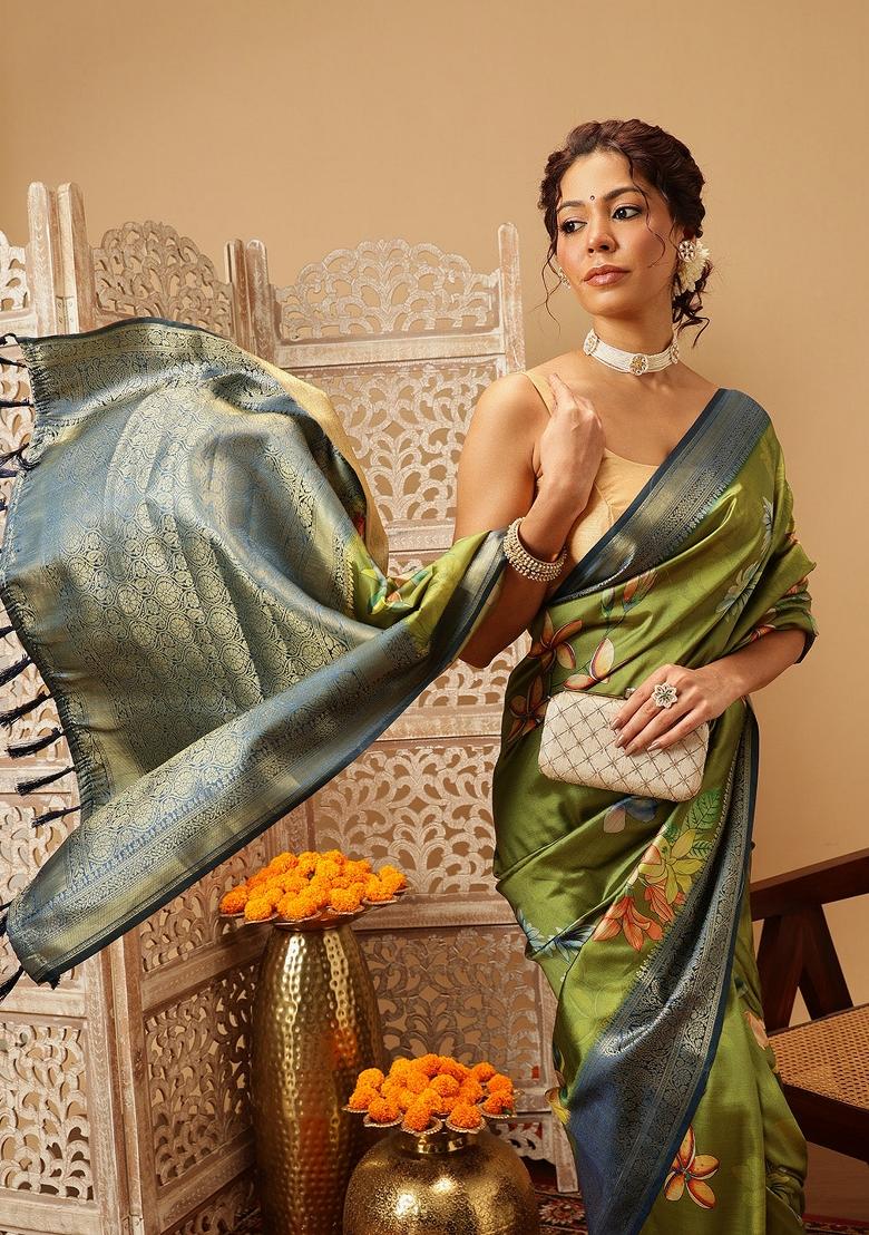 Green Printed Banarasi Silk Saree