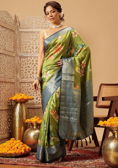 Green Printed Banarasi Silk Saree