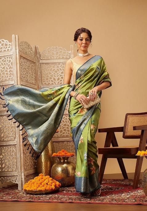 Green Printed Banarasi Silk Saree