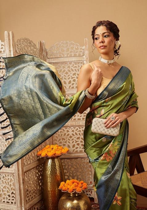 Green Printed Banarasi Silk Saree