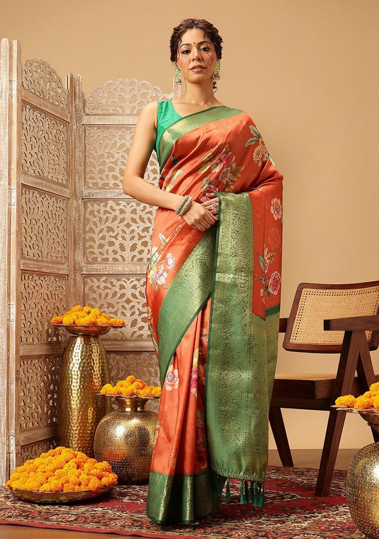 Orange Printed Banarasi Silk Saree
