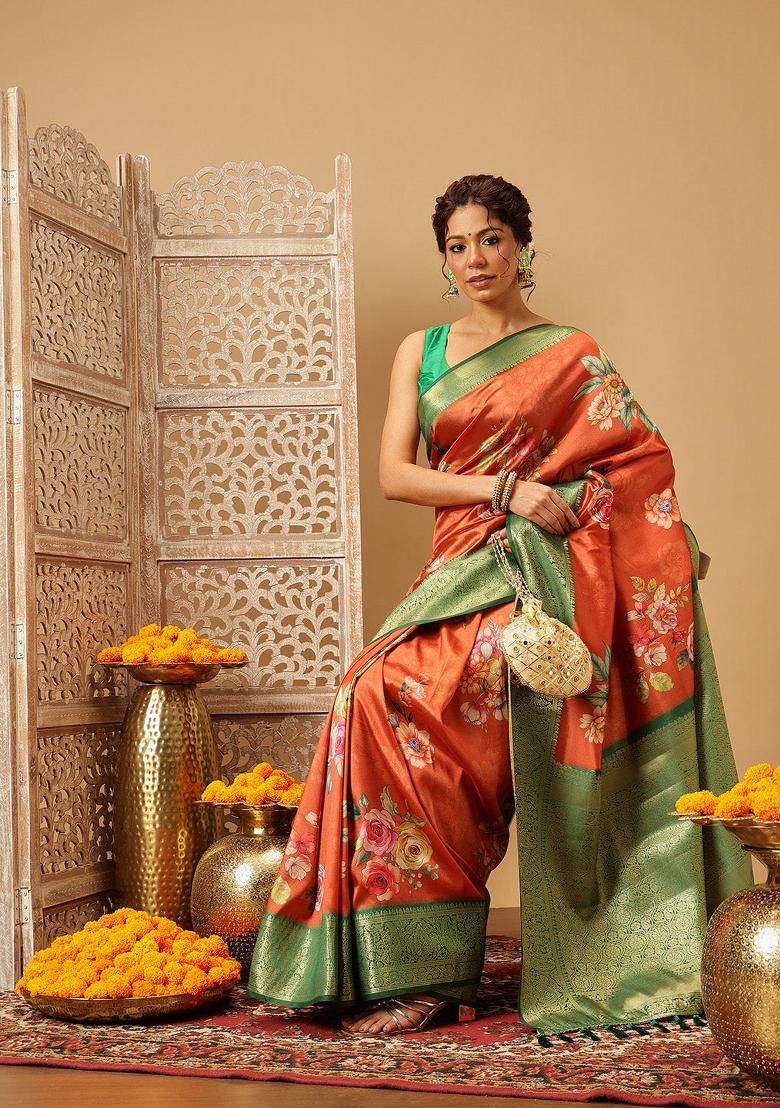 Orange Printed Banarasi Silk Saree