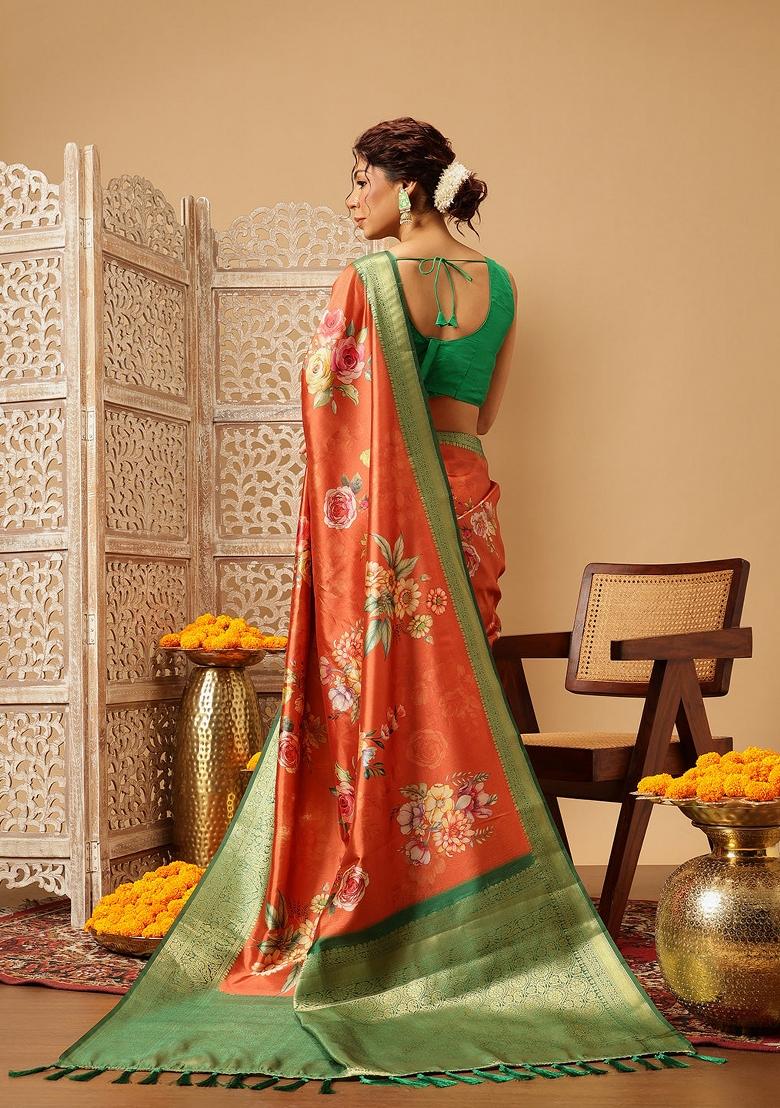 Orange Printed Banarasi Silk Saree