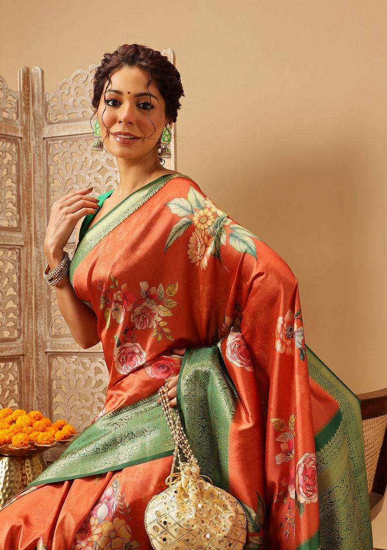 Orange Printed Banarasi Silk Saree