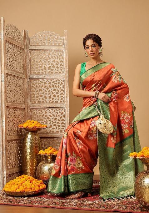 Orange Printed Banarasi Silk Saree