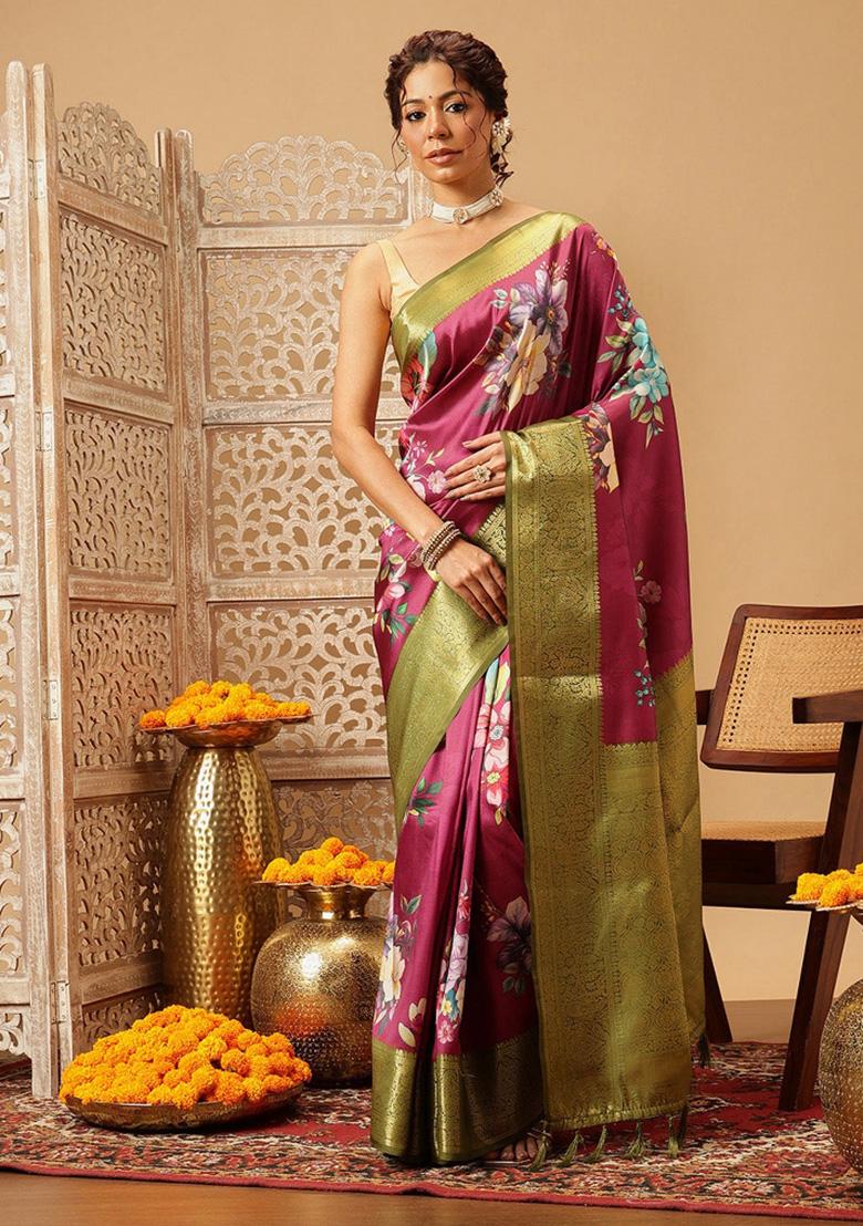 Pink Printed Banarasi Silk Saree