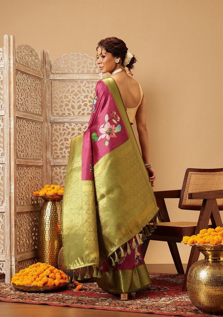 Pink Printed Banarasi Silk Saree