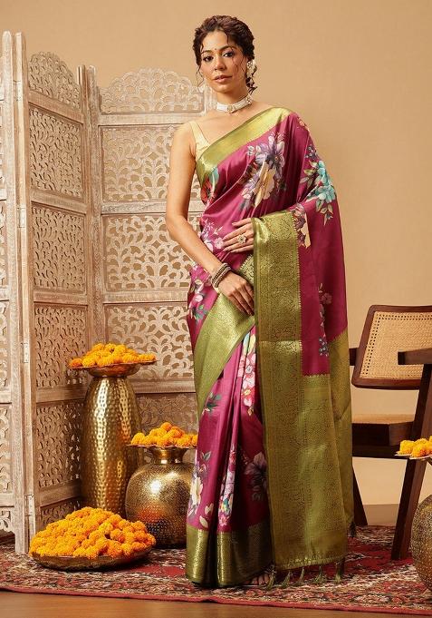 Pink Printed Banarasi Silk Saree