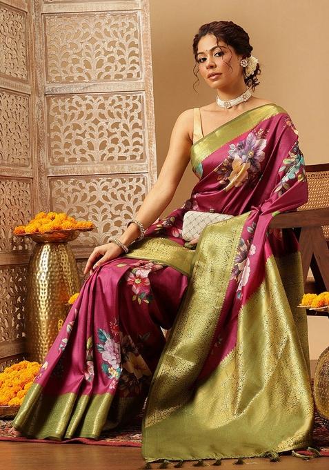 Pink Printed Banarasi Silk Saree