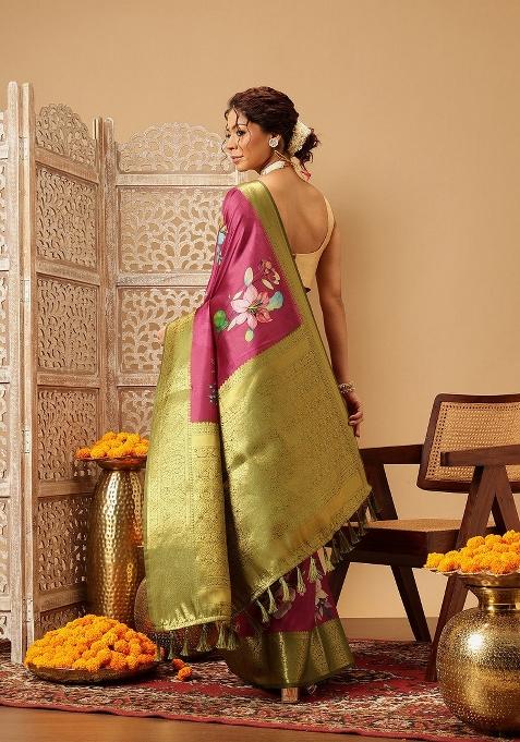 Pink Printed Banarasi Silk Saree