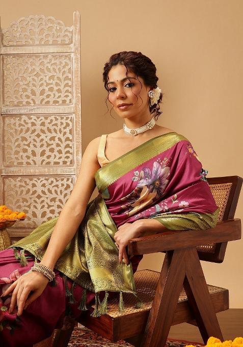 Pink Printed Banarasi Silk Saree