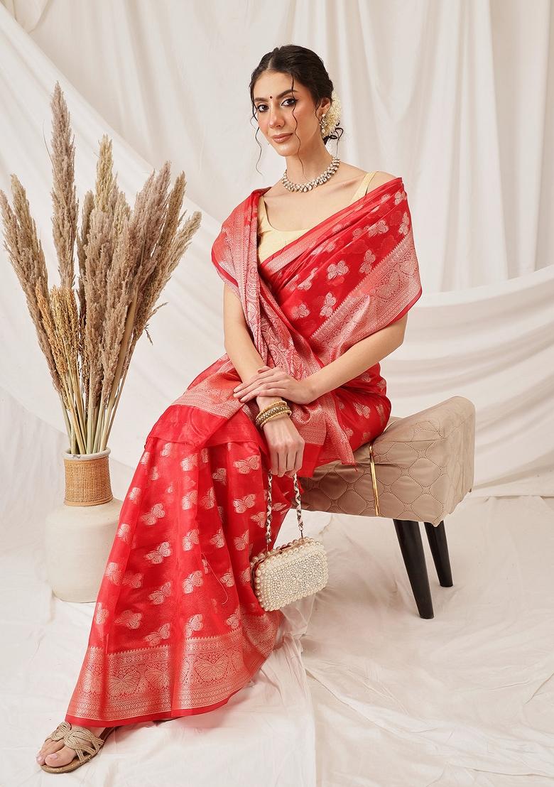 Red Woven Design Organza Silk Saree