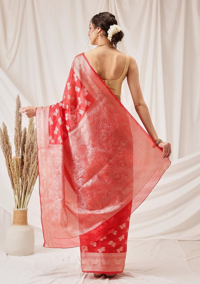 Red Woven Design Organza Silk Saree