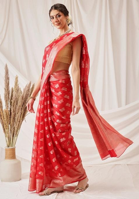 Red Woven Design Organza Silk Saree