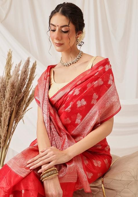 Red Woven Design Organza Silk Saree