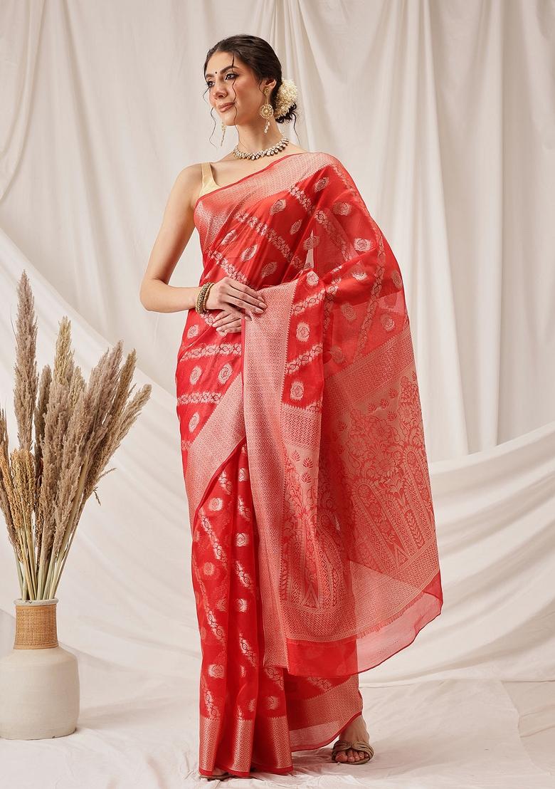 Red Woven Design Organza Silk Saree
