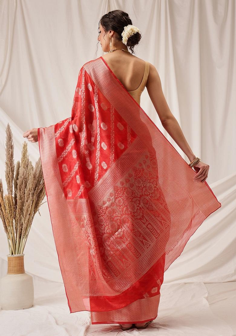 Red Woven Design Organza Silk Saree
