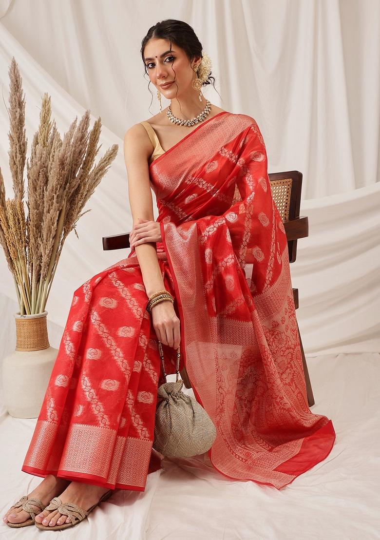 Red Woven Design Organza Silk Saree