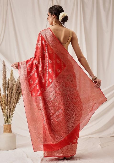 Red Woven Design Organza Silk Saree