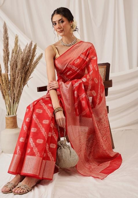 Red Woven Design Organza Silk Saree