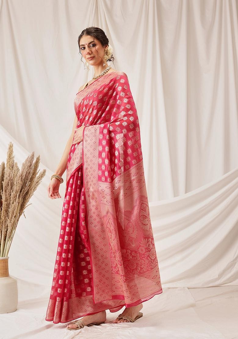 Pink Woven Design Organza Silk Saree