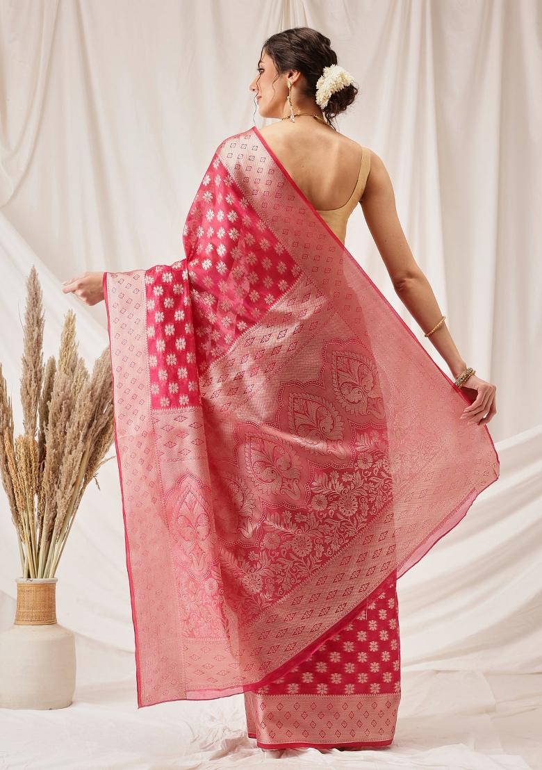 Pink Woven Design Organza Silk Saree