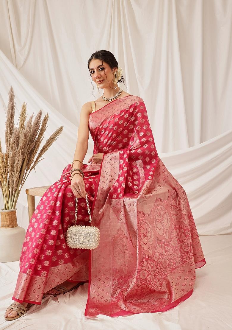 Pink Woven Design Organza Silk Saree